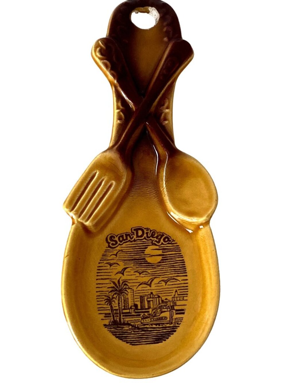 San Diego image Ceramic Souvenir Spoon Rest Dark Brown Gold Vintage Japan